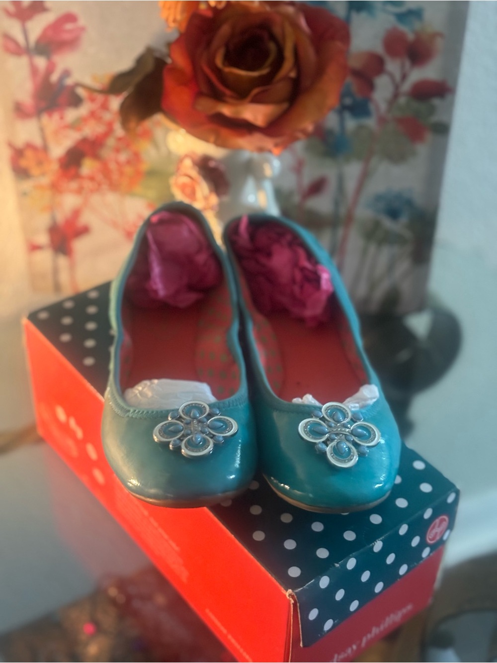 lindsay phillips Teal Slip-On Ballet Flats with Silver Floral Accent